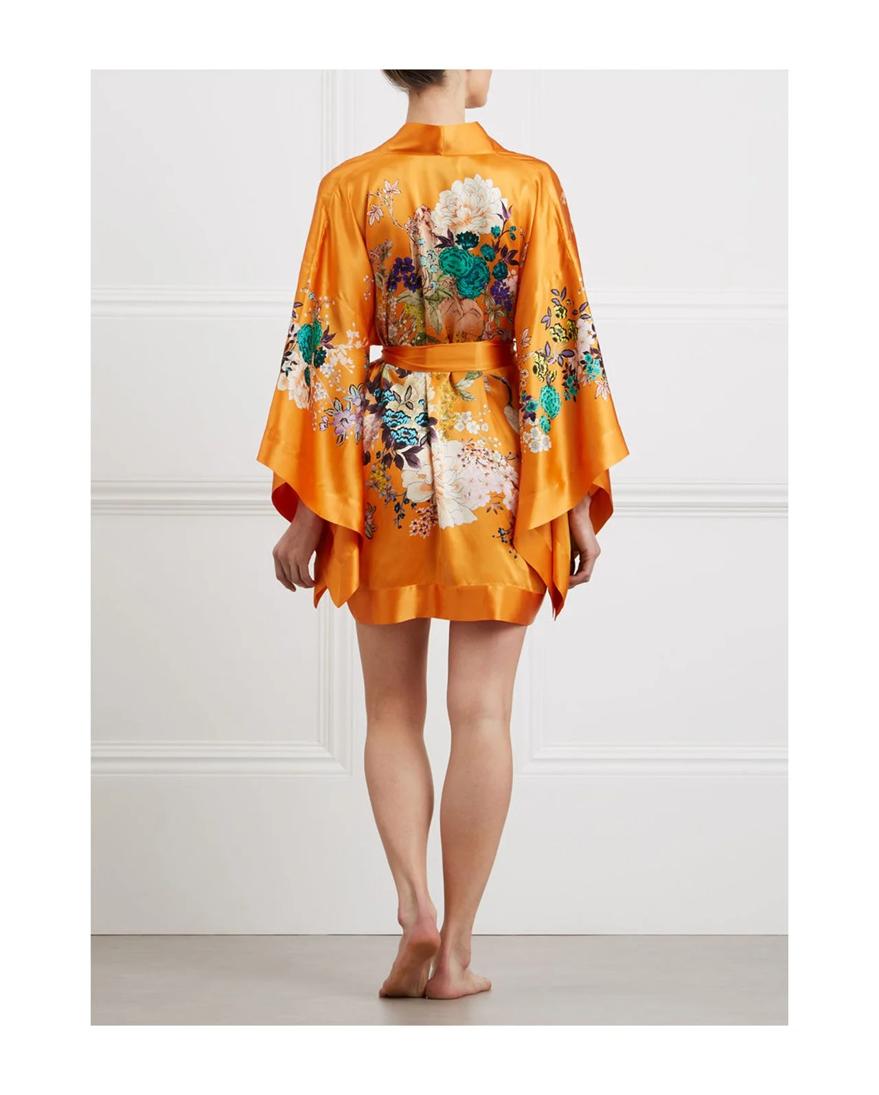 Orange Silk Satin Mystical Garden Short Kimono — MENG